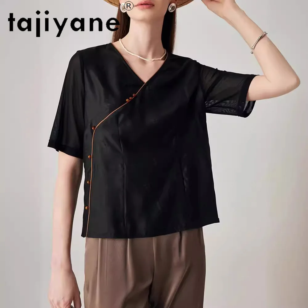 TAJIYANE 100% Real Mulberry Silk T Shirts for Woman Elegant Summer Casual Tops Fashion Women Clothing Black Top Camisetas 2024