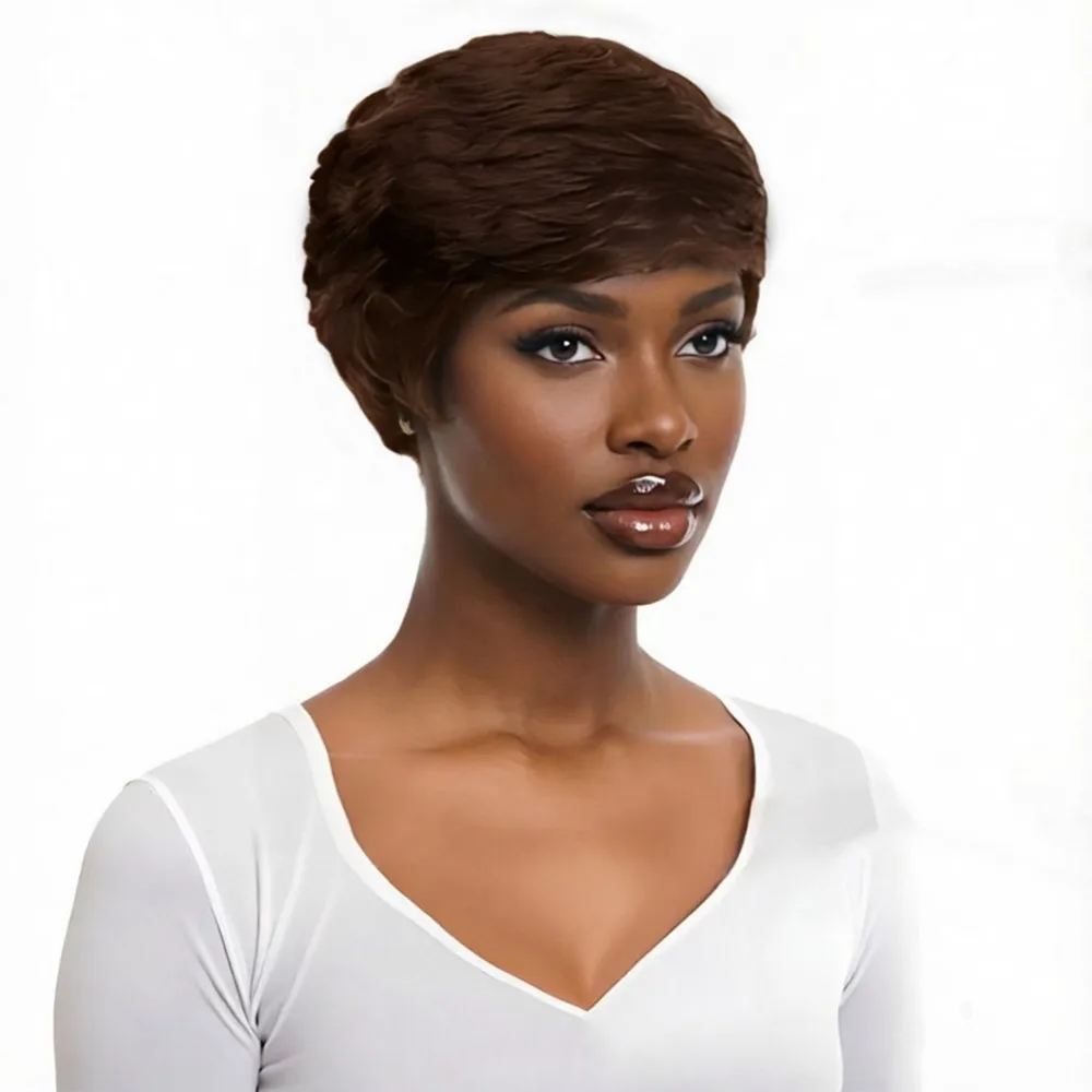 

Короткий парик из натуральных волос, прямой фасон пикси с многослойной стрижкой, 4 дюйма, машинной работы, коричневый, черный, бордовый цвет, для женщин, для повседневного использования и вечеринок.