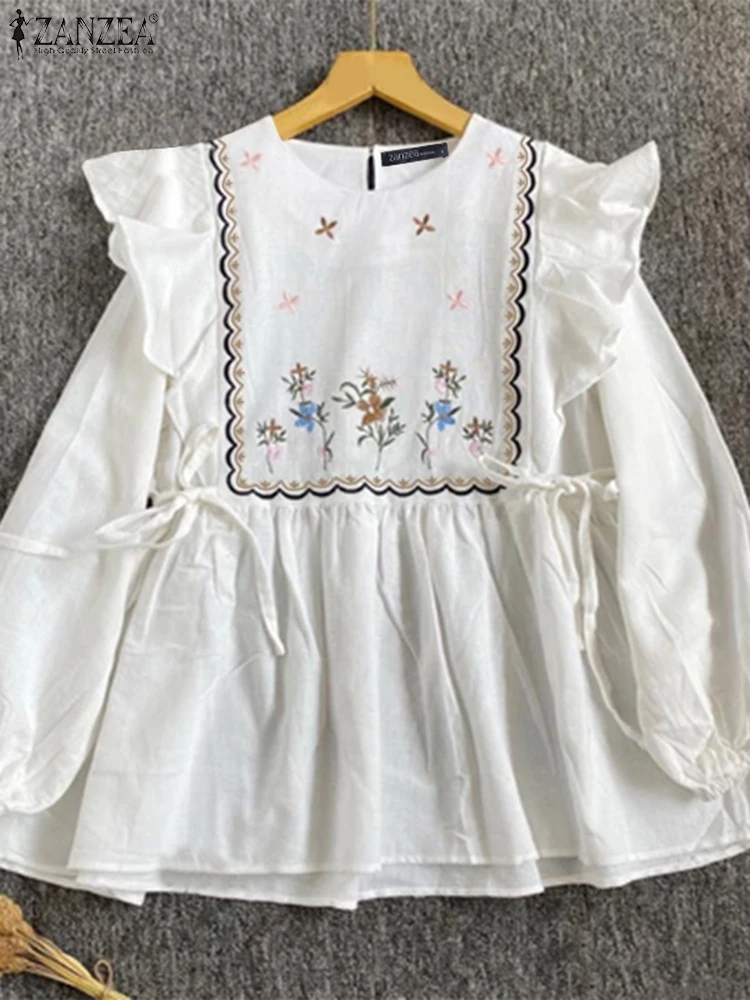 

ZANZEA женская милая блузка модные топы на шнуровке с рюшами винтажные туники с цветочным принтом корейские летние Blusa с длинными рукавами