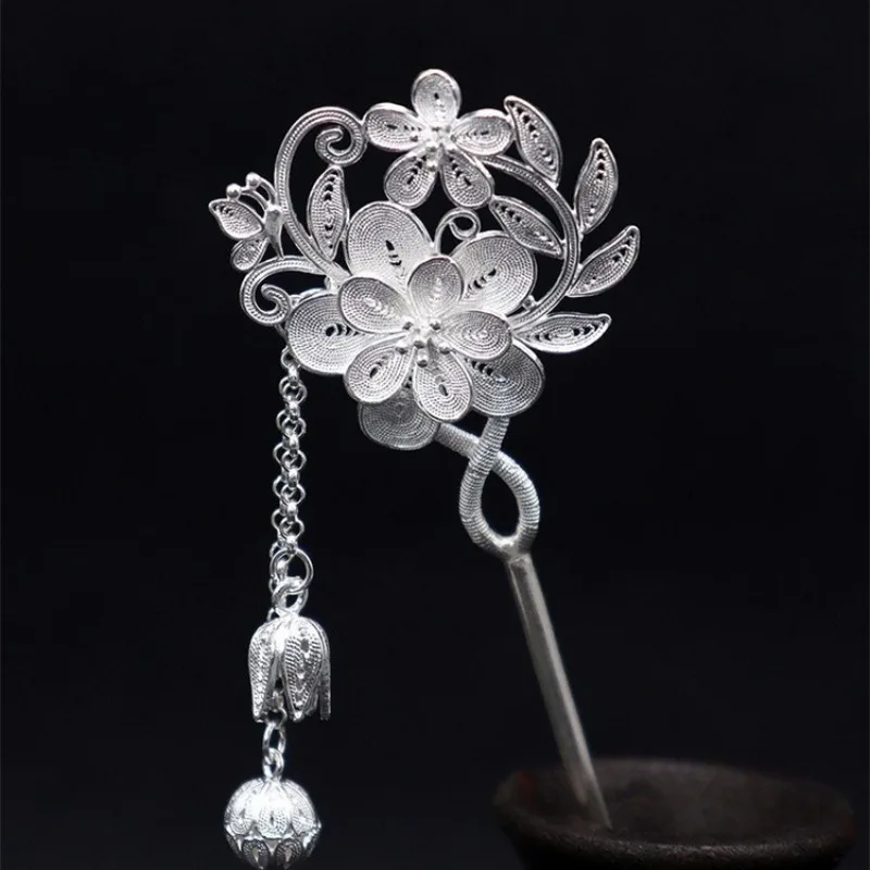 New in Chinese style silver 925 hollow tassels flower tiara chic filigree floral luster rocking hair jewelry hanfu accessories