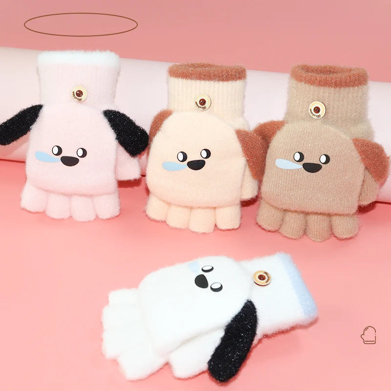

5-12 year old winter boys and girls half finger flip dual-use cartoon puppy student open finger writing warm gloves