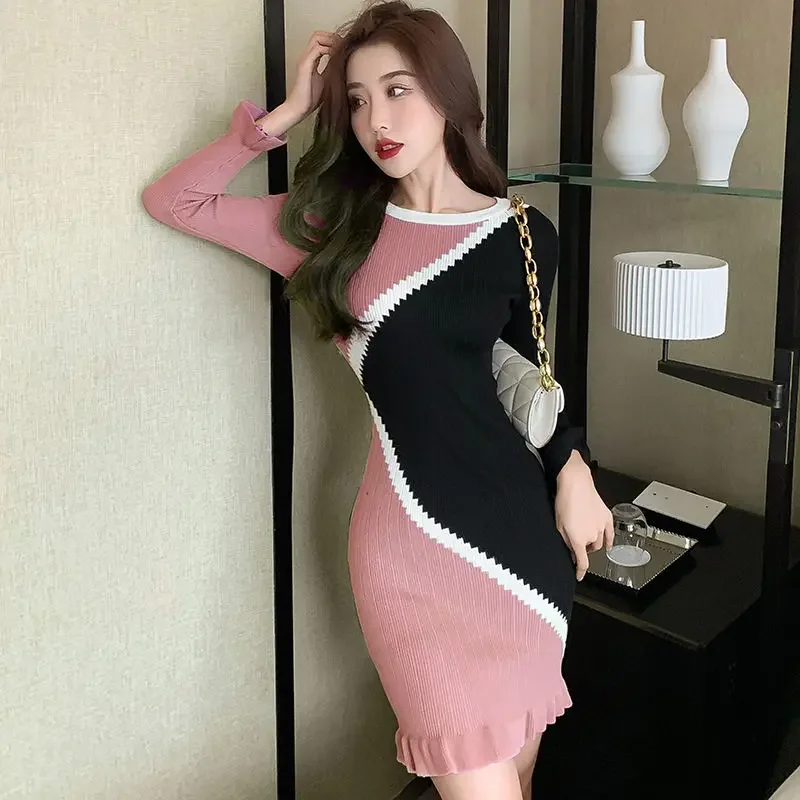 Bodycon Woman Knitted Dress Prom Party Short Color Matching Crochet Dresses for Women Ruffle Korean Style Clothing on Offer New