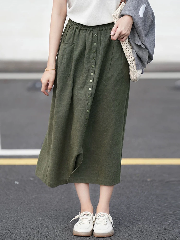 

High Quality Linen Casual Skirt Women New Arrival 2025 Spring Vintage Style Solid Color Loose Female A-line Long Skirts M1453