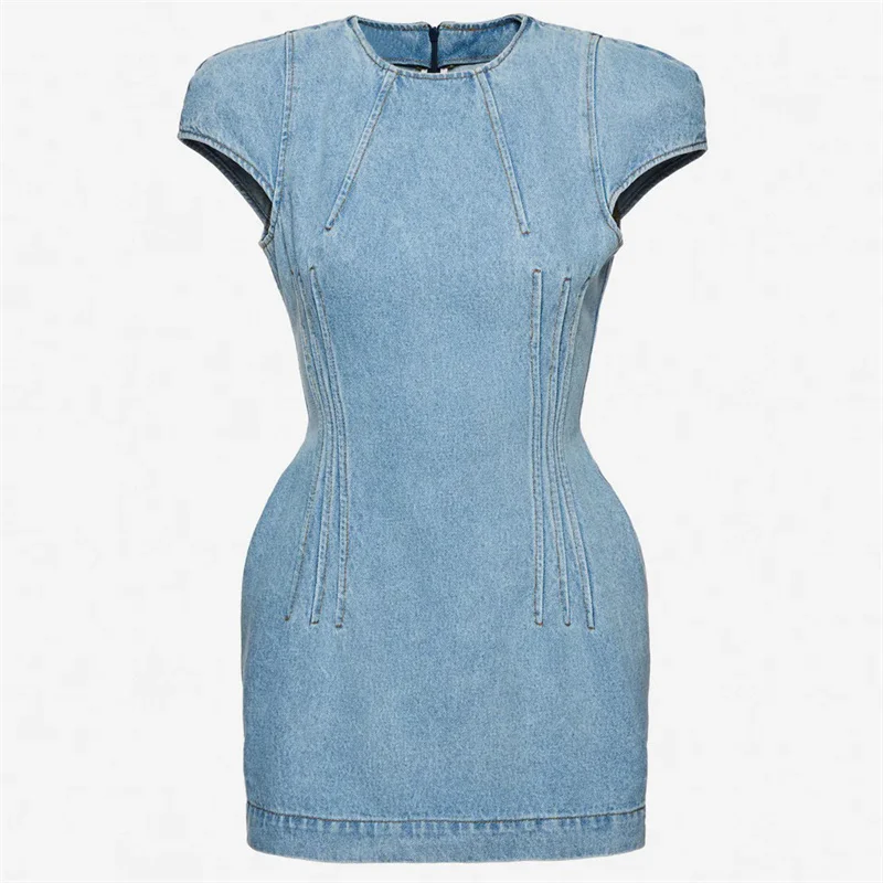 

Women's dress New shoulder padded slim mini dress for summer 2026 y2k pure cotton denim dress Round neck sleeveless short dress