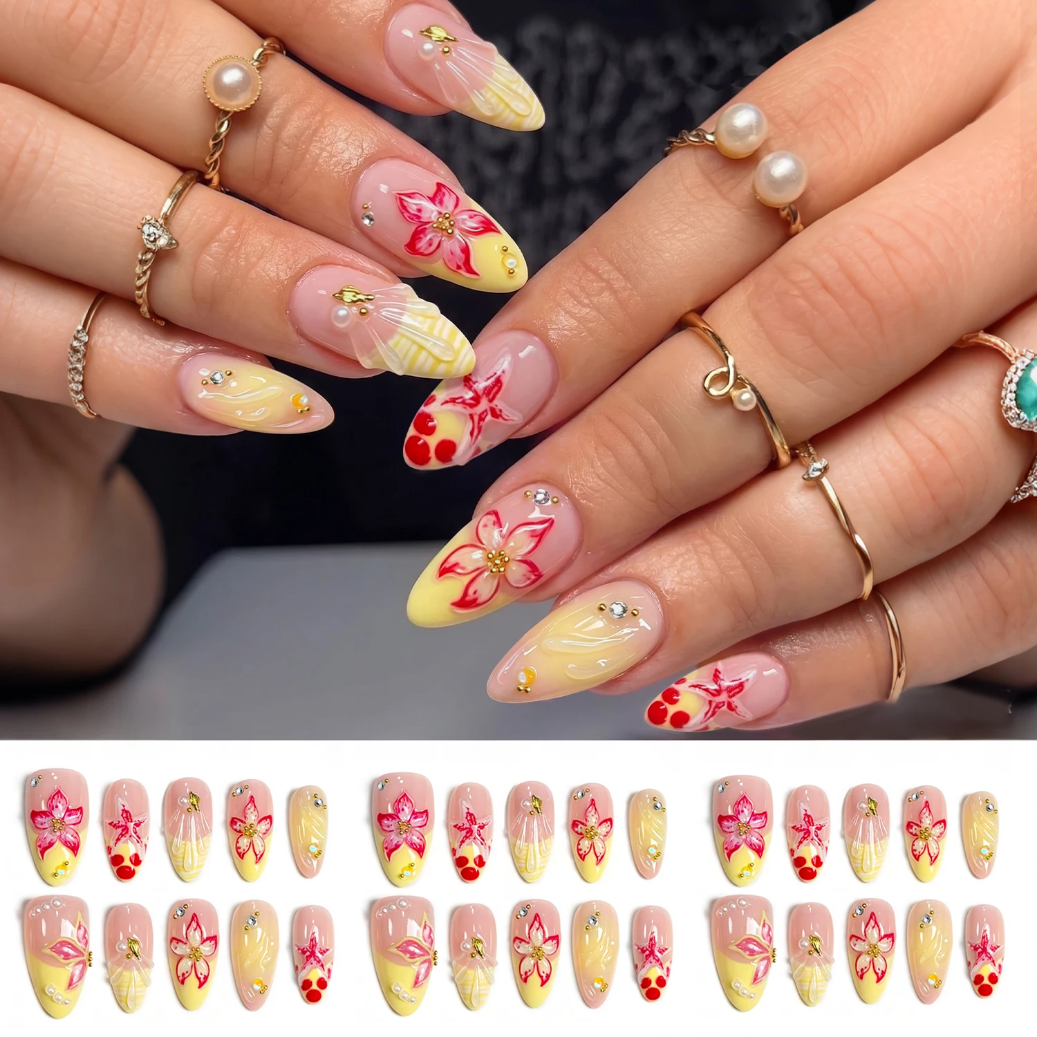 10pcs Handmade Red Lily Summer Press On Nails Yellow French 3D Rhinestones Shell Pearls False Nails Tropical Flowers Nail Tips