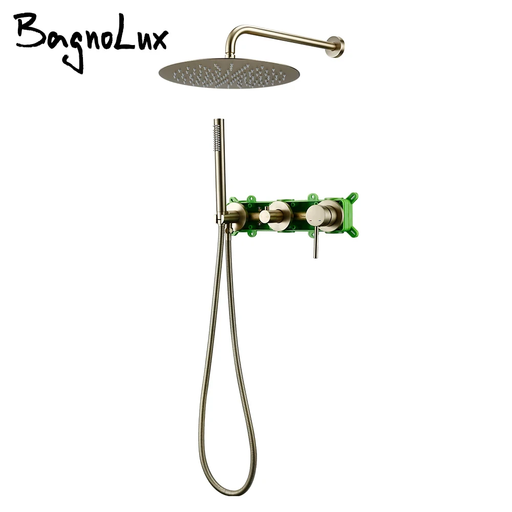 Bagnolux Wall Mounted Brass Brushed Gold Water Contral Valve Rain Shower Head Handheld Holder Hose Bathroom Faucet