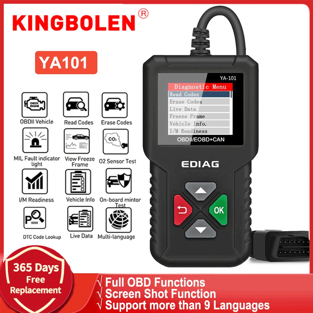 

KINGBOLEN YA101 OBD2 Code Reader OBD2 EOBD Car Auto Diagnostic Tool Multi-Language Free Update Better than ELM327 Diagnosis Tool