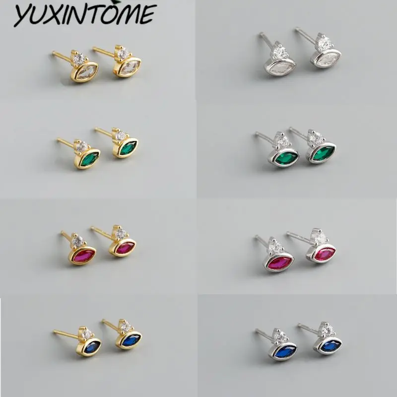 YUXINTOME 925 Sterling Silver Needle Retro Emerald Minimalist Horse Eye Geometric Rhombus Zircon Earrings For Women Jewelry