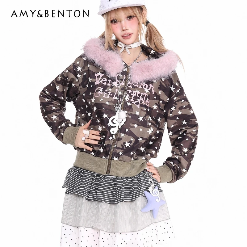 

Original Design Retro Camouflage Pattern Fur Collar Women's Sweatshirt Jacket Spring Autumn New Loose Hooded Zipper Coat Ladies