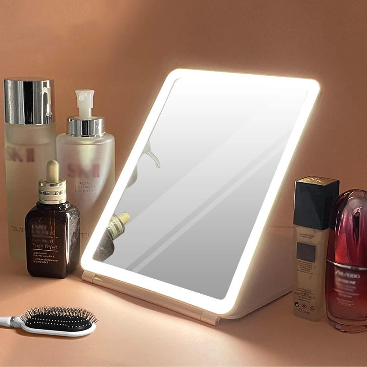 Specchio cosmetico portatile per trucco da viaggio con 72 luci a LED, 3 modalità colore, touch screen dimmerabile ricaricabile, design pieghevole per O