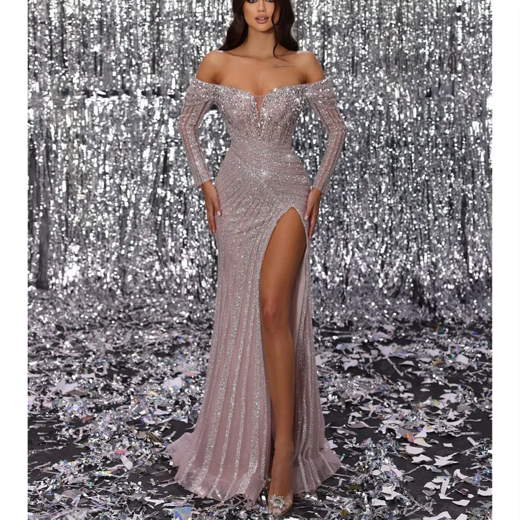 Sparkly Mermaid Evening Dresses Long Sleeves V Neck Off Shoulder Sequins Beaded 3D Lace Side Slit ZipperProm Dresses Custom Made