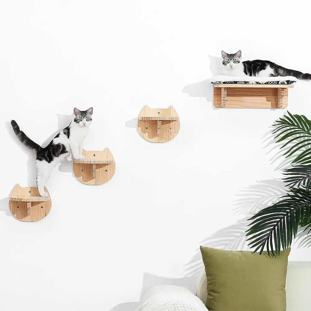 Wall Mounted Cat Shelves Scratching Post for Cat Jumping Platform and Cat Hammock Rope Ladder Wall Wooden Furniture