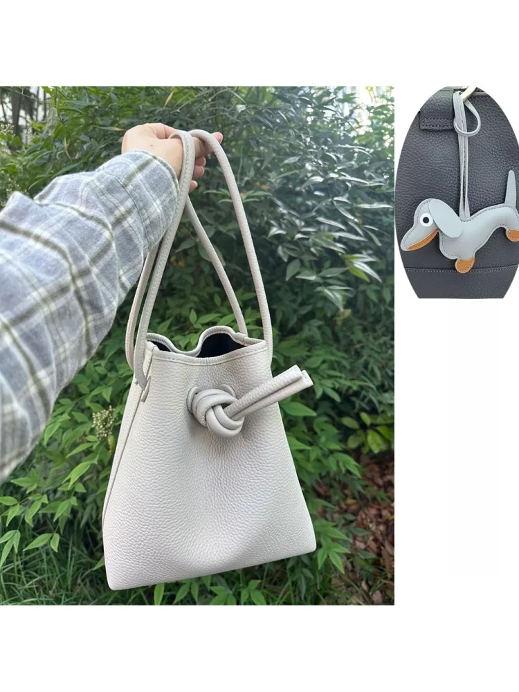 Japanese Style Handheld Water Bucket Bag Drawstring Leather Shoulder Crossbody Bag Casual Chic Vegetable Basket Handbag