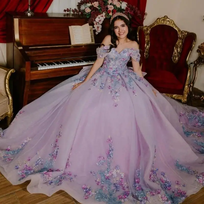 

Lilac Shiny Quinceanera Dress Off Shoulder Corset Ball Gown Applique Lace Tull Sweet 16 Vestidos De 15 Años