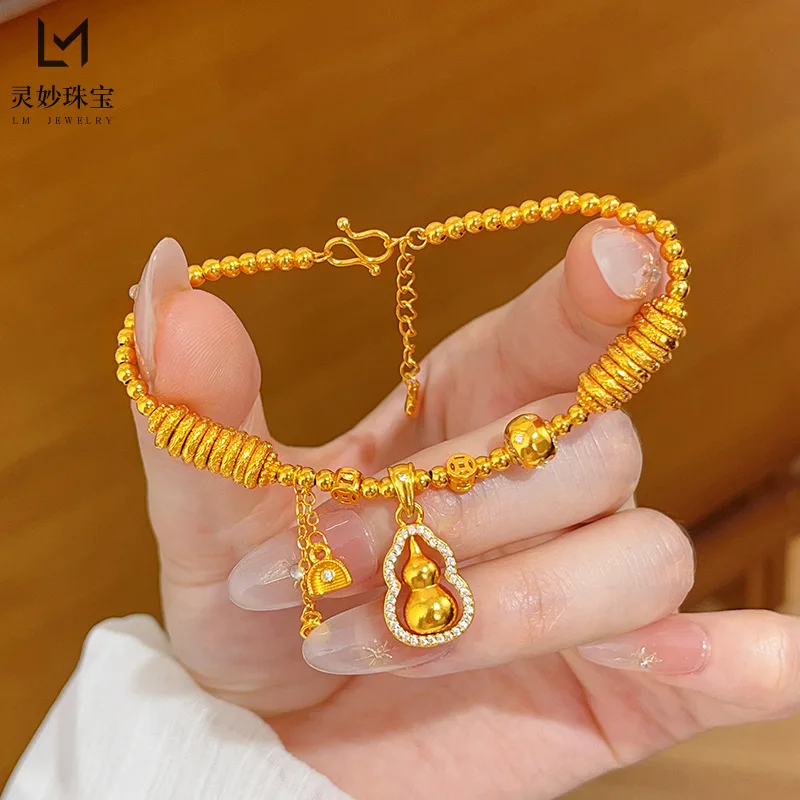 9999 24K real gold store same style women's gold bracelet with diamond dots and a rotating gourd, Fulu beautiful jewelry
