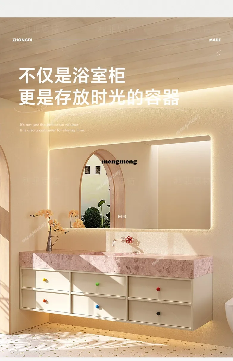 Hot sales Bathroom cabinet, washing table combination, pink rock slab integrated basin, bathroom wash basin customization