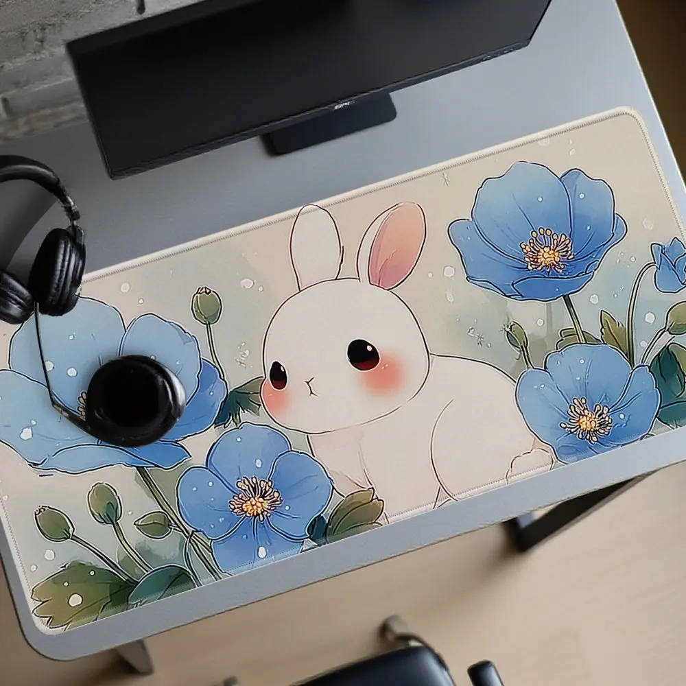 

Large Gaming Mouse Pad Anime Cute Rabbit Art Desk Mat Non-slip Rubber Stitched Edge Keyboard Pads PC Tablet for Office Decor