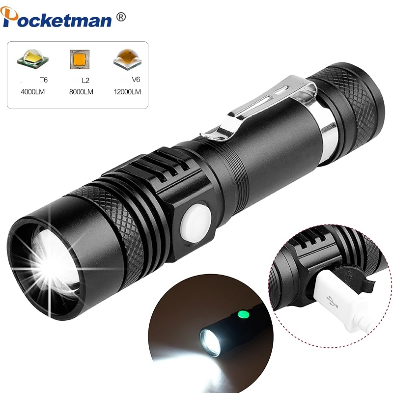 Linterna Led superbrillante para bicicleta, luz recargable con zoom 18650, USB, T-6/L2/V6
