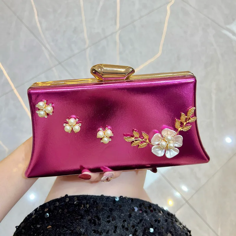 2026 New Fashion Flower Pearl Women's Evening Clip Bag Luxury High End Party Wedding Clutch Handbag Elegant Dress Crossbody Bag