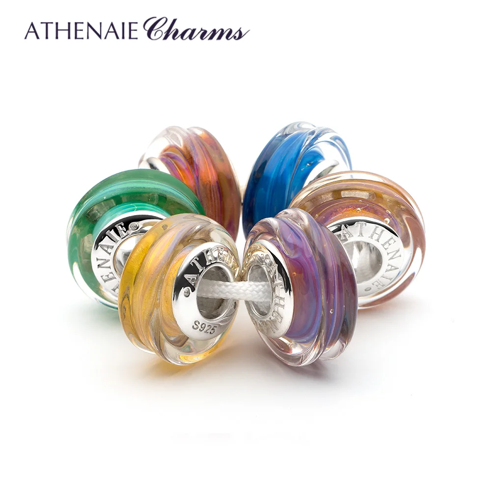 ATHENAIE Classic Purpl Striped Genuine Murano Glass Charms Bead with 925 Silver Core fit European Bracelet Gift for Women