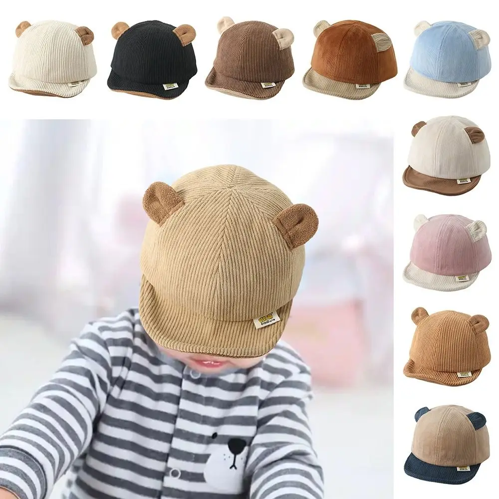 

Cartoon Bear Ear Baby Baseball Cap Sunshade Corduroy Boys Girls Fisherman Hat Adjustable Sun Protection