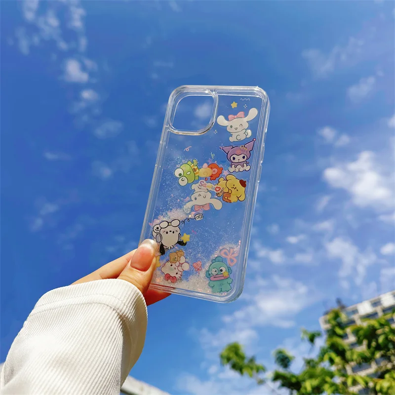 Cartoon Cute My Melody Cinnamoroll Purin Pachacco Glitter Quicksand Case For iPhone 14 15 Pro MAX 13 12 11 Kitty Cover