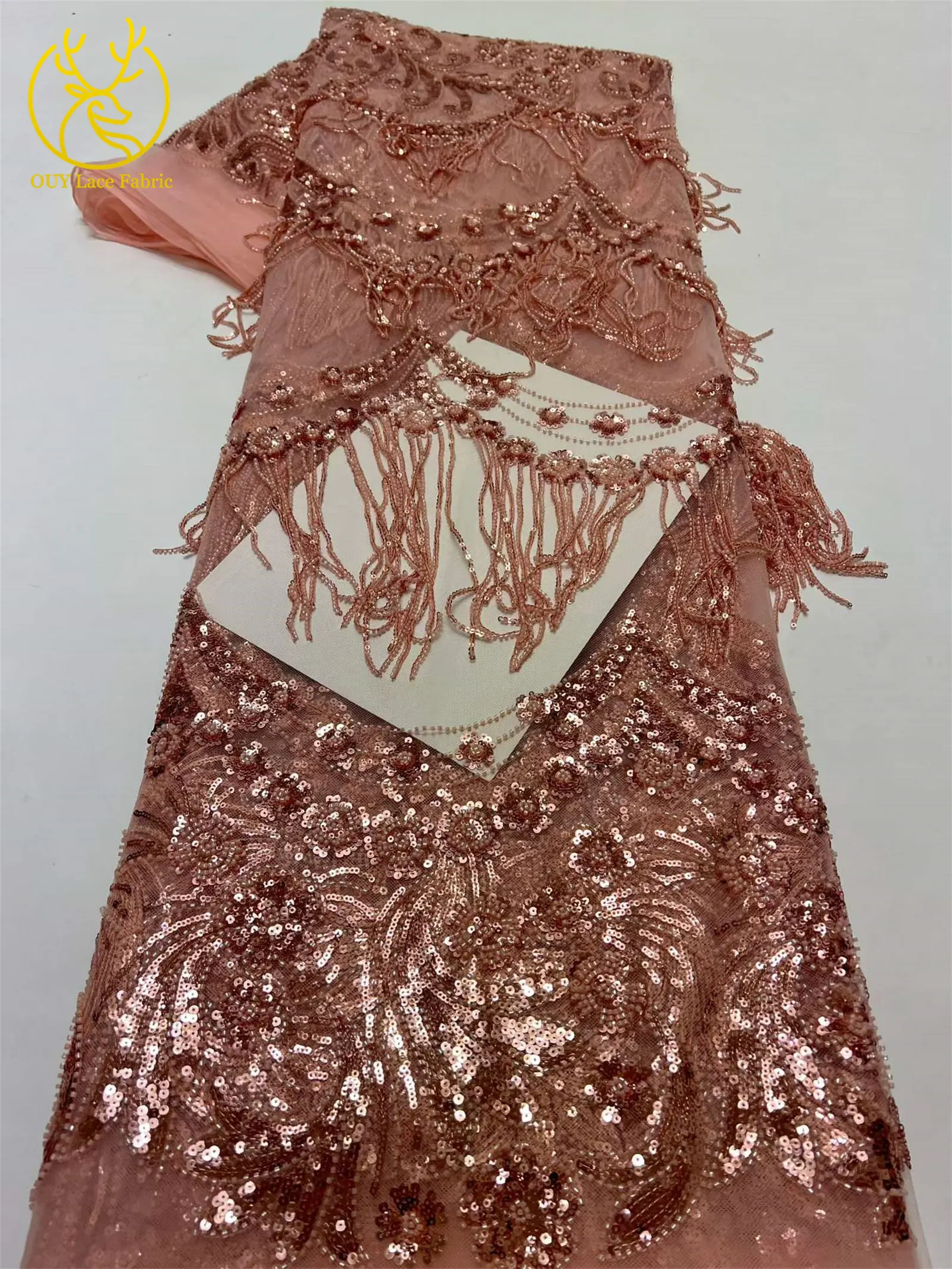 Afrikanischer 3D-Quasten-Perlen-Spitzenstoff 5 Yards Französischer Tüll Pailletten-Spitzenstoff Nigerianischer Netzspitzenstoff für Hochzeitskleider – Detail 9