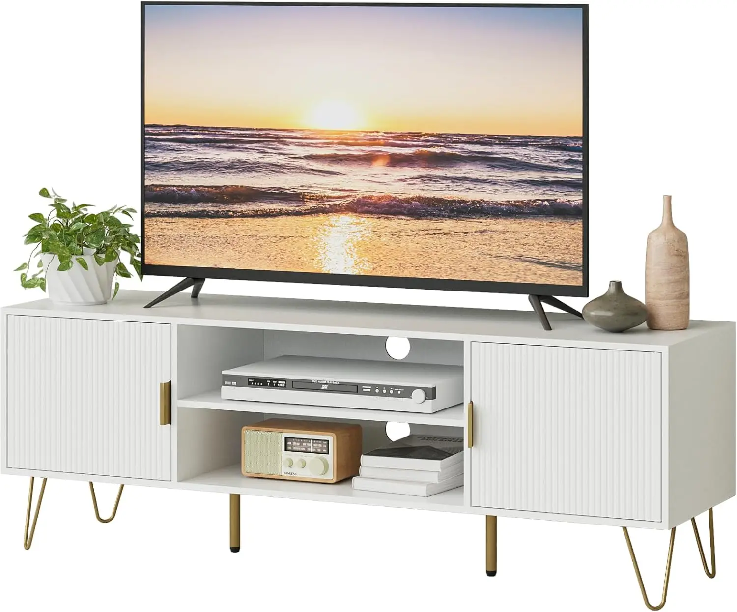 

TV Stand for 55 65-inch TV, Entertainment Center with Soft Hinge Door,TV Console Table with 2 Cabinets with Gold Handle and Feet