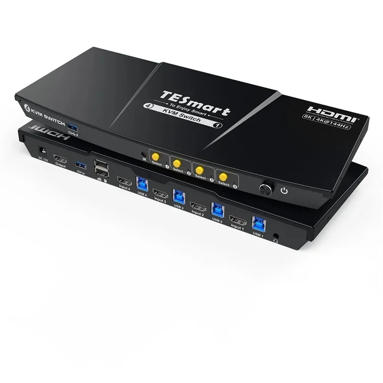 TESmart 4-Port 8K60 HDMI 2.1 KVM Switch W/ ADI Chip EDID 4K144Hz for Gaming 4 PCs 1 Monitor USB 3.0 KVM Switcher
