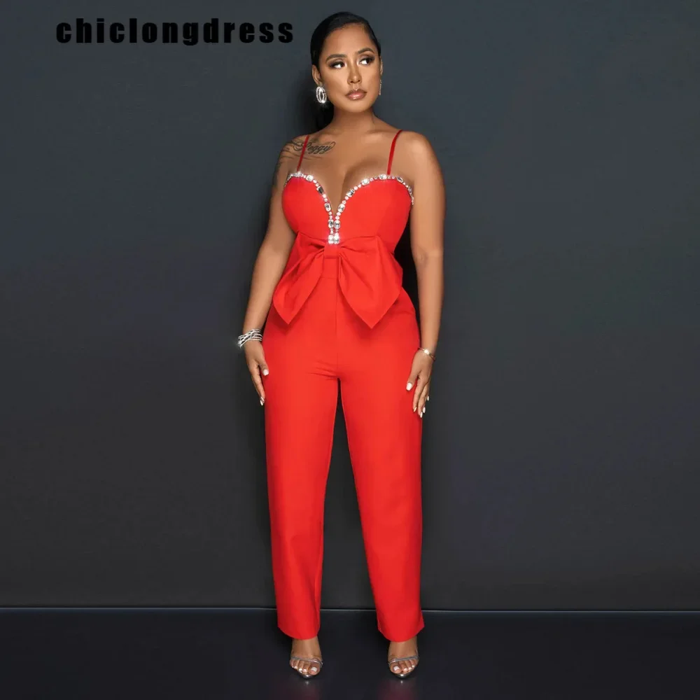 Autumn Sexy Diamond Strap Jumpsuit Women Fashion Solid V-Neck Bow Strap Jumpsuit Women