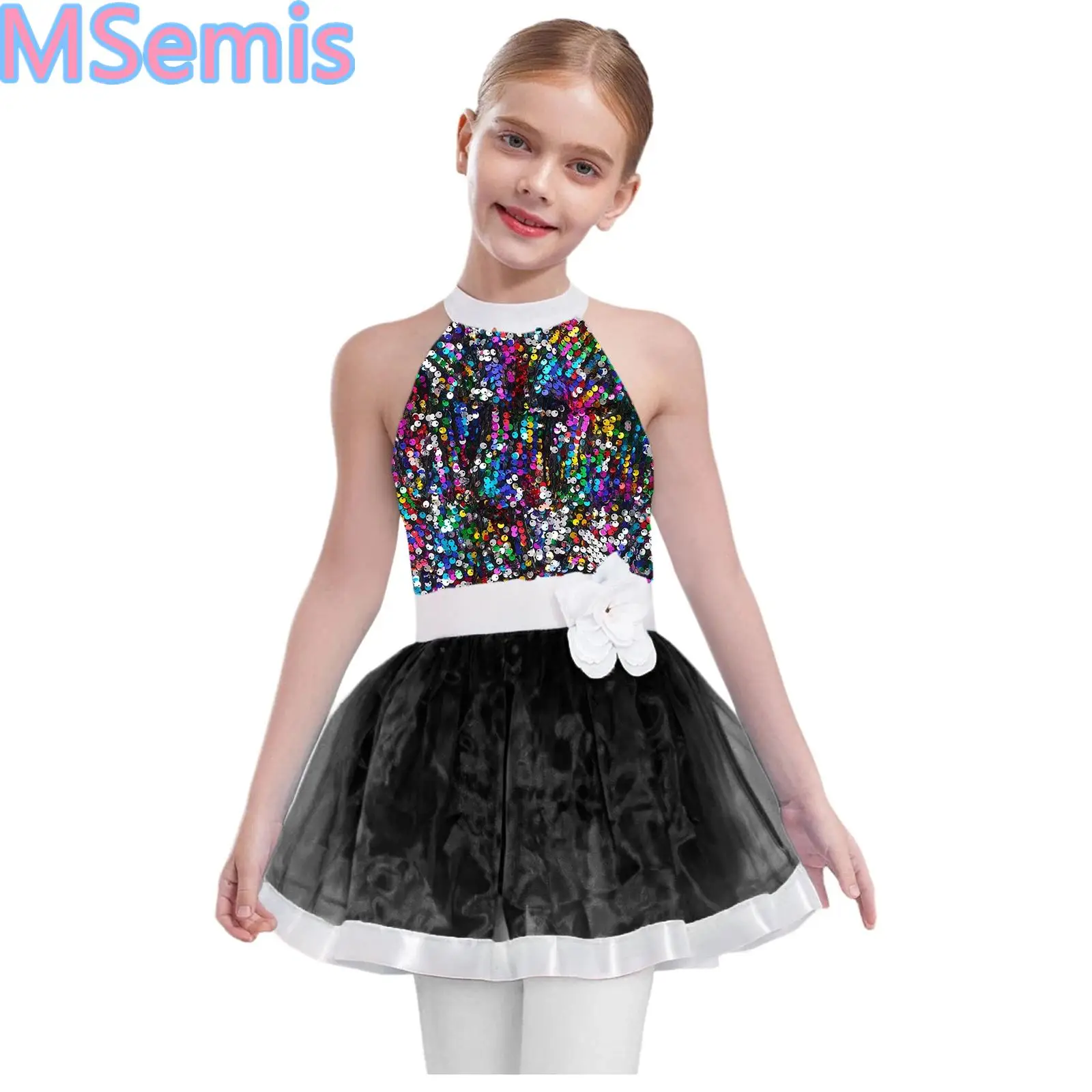 Kids Girls Ballet Dance Dresses Shiny Sequins Tutu Dress Layered Tulle Sleeveless Cutout Back Dress with Built-in Briefs