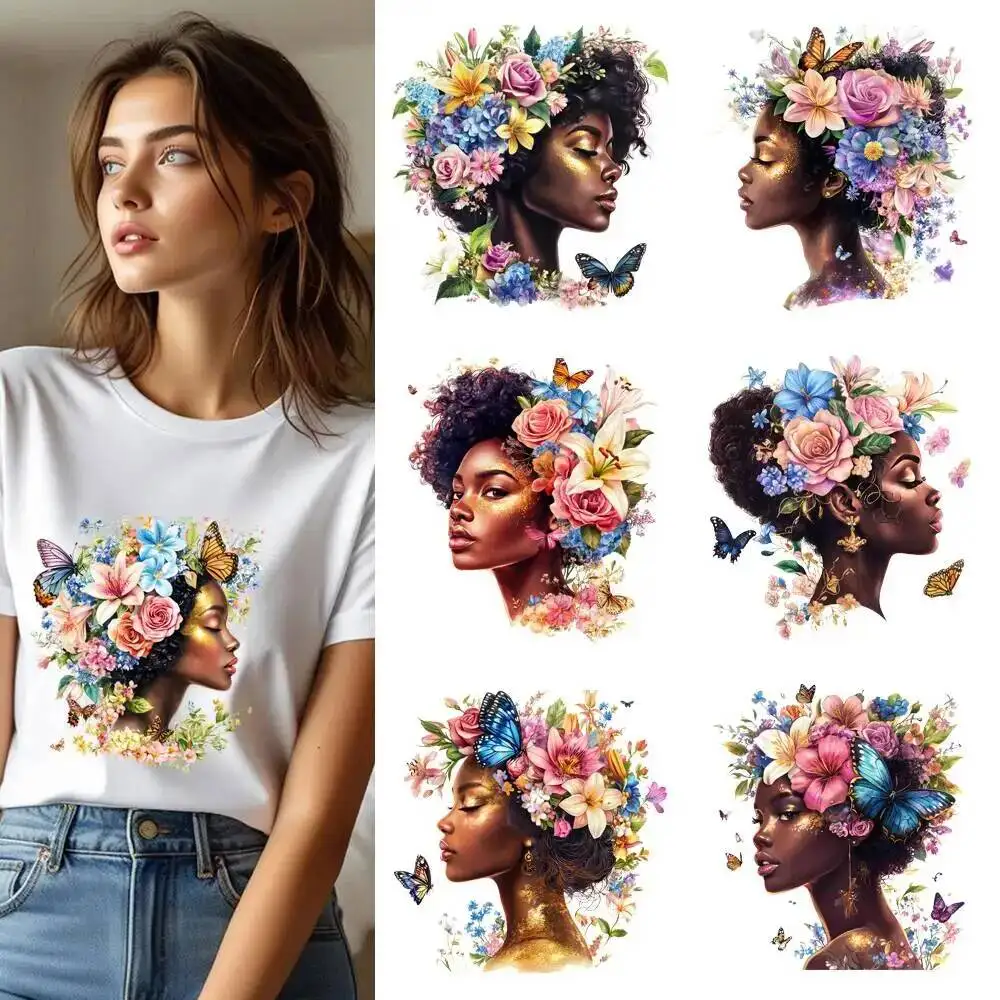 25CM Black Queen Girl Butterfly Flowers Heat Transfer Patches For Clothes DIY A-Level Washable Shirt Iron-on Thermal Stickers