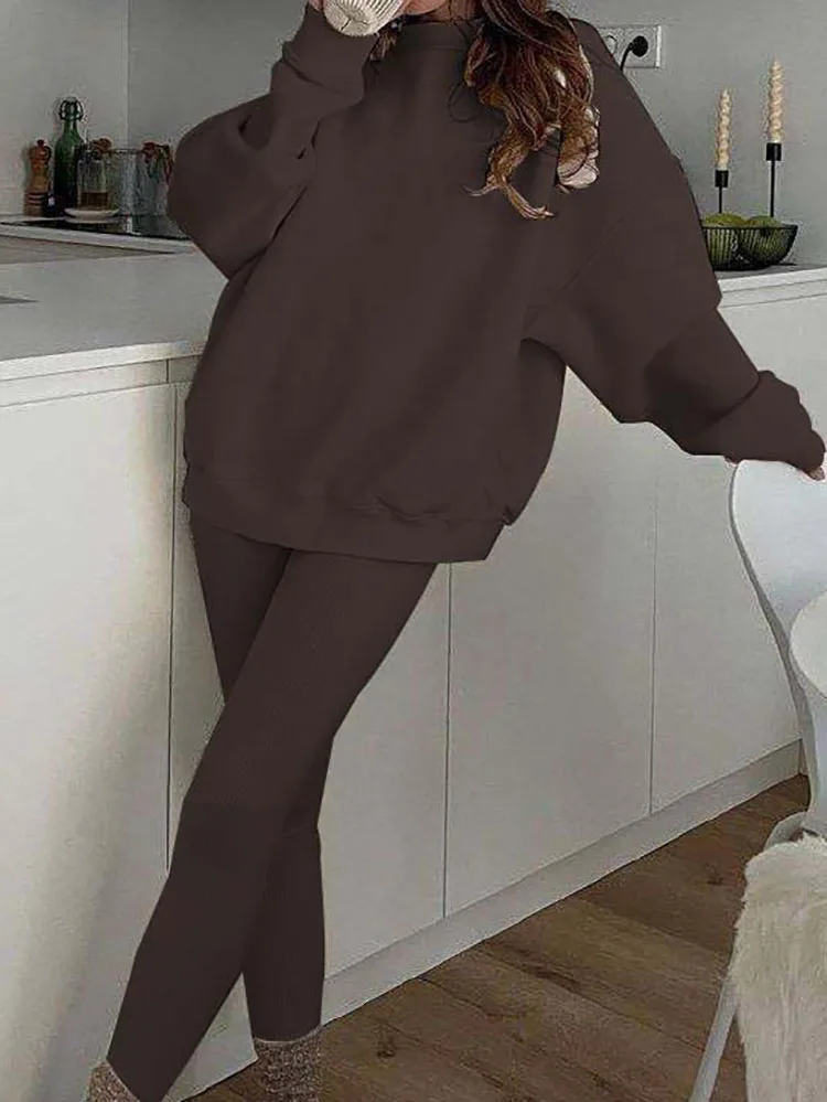 Setelan Olahraga Warna Solid Musim Gugur Musim Dingin Wanita Kasual, Atasan Sweatshirt Leher Bulat dan Celana Slim, Setelan 2 Potong Lengan Panjang