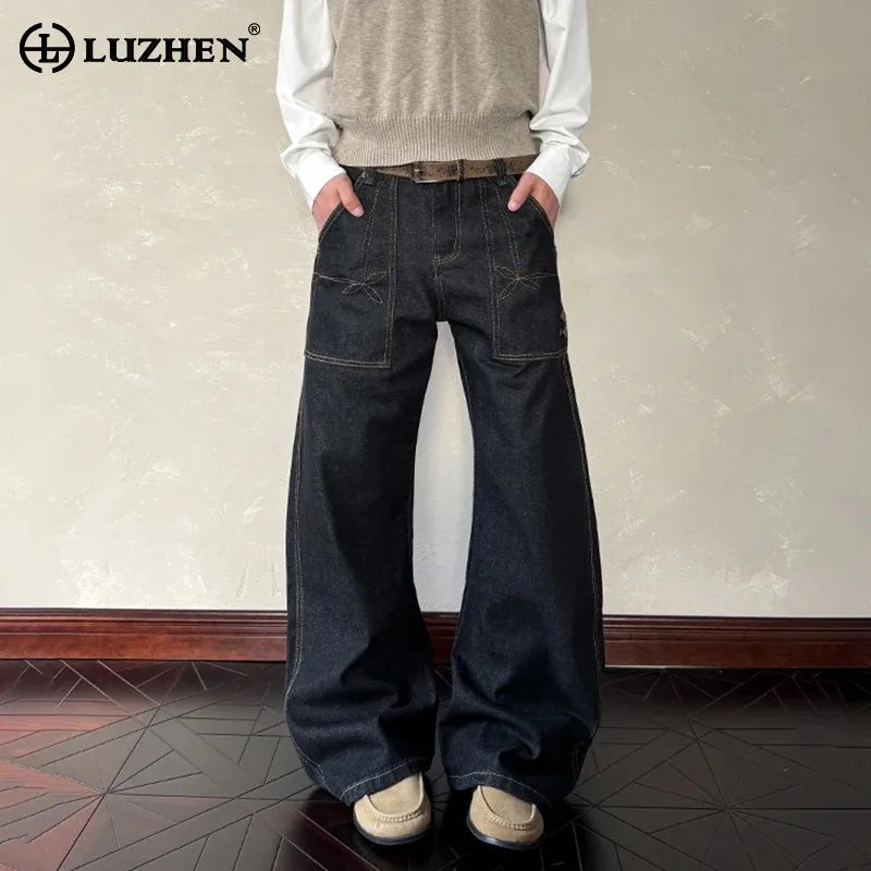 

LUZHEN 2025 новые модные оригинальные карманы, украшенные свободные прямые джинсы, мужские высококачественные широкие джинсовые брюки, однотонные JY4336