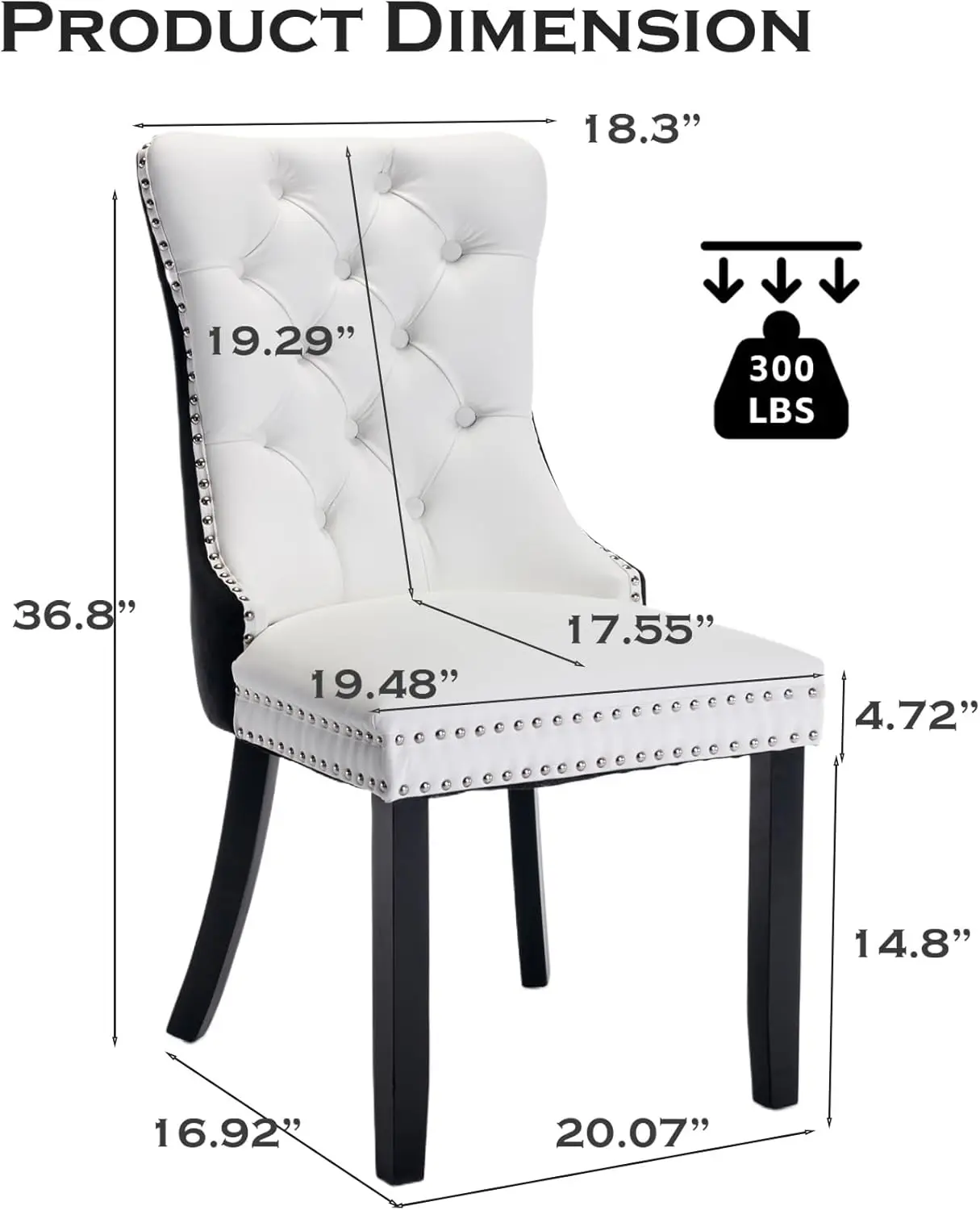 Set di 6 sedie da pranzo in pelle, imbottite trapuntate con finiture in chiodo e gambe in legno massello, bianco e nero