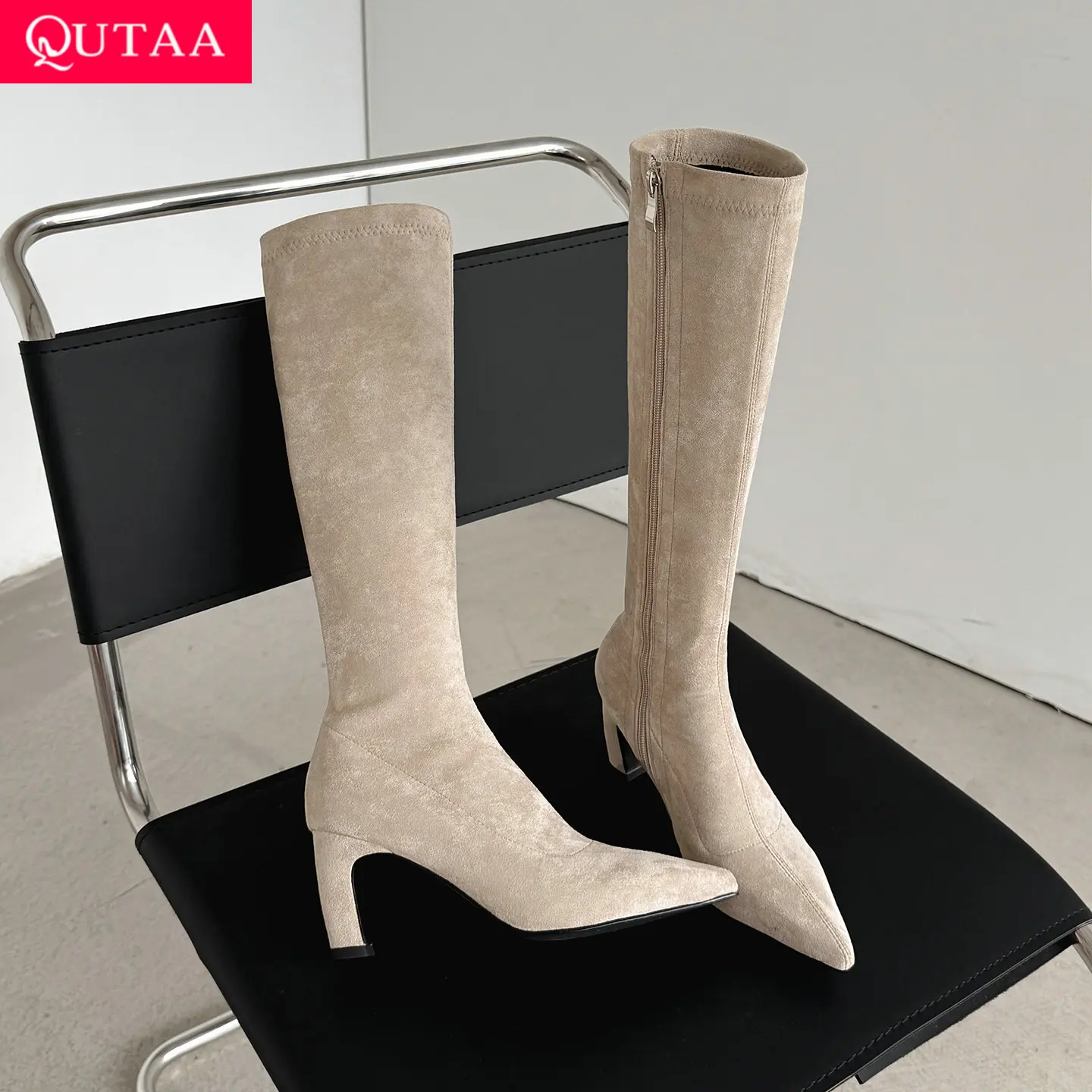 

QUTAA 2026 Fashion Women Knee High Boots Stretch Boots High Heel Winter Woman Shoes Pointed Toe Long Boots Lady Dress 34-42