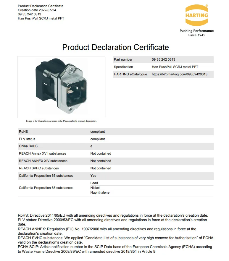 09352420313 HARTING Han® PushPull (V14) series 2-pin female connector