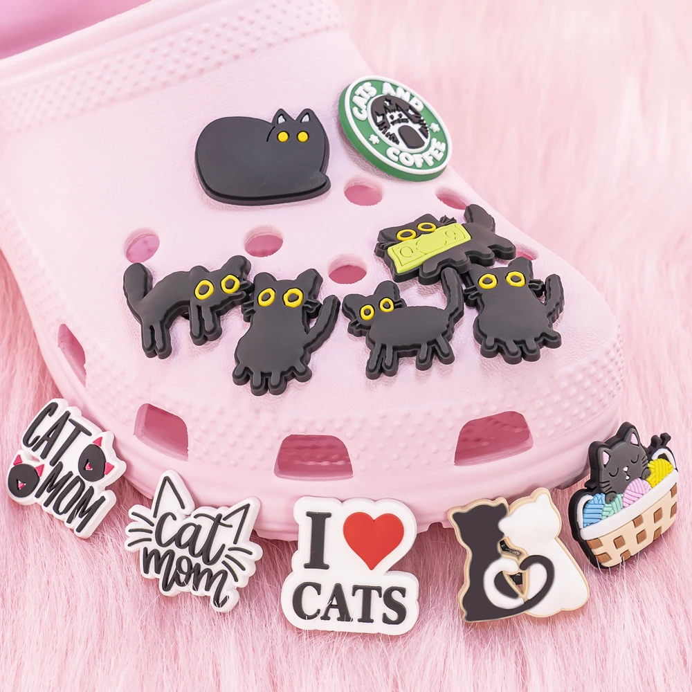 

9/17/25/50pcs PVC Cute Cats Shoe Charms Black Cats Shoe Decorations Pins for Kids Girls Gifts Sandal Accessories Clog Buckles