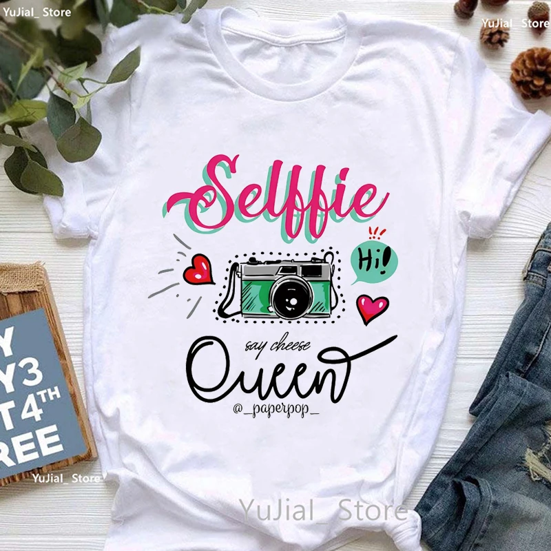 Smile Say Cheese Queen Graphic Print T Shirt Girls Kawaii Love Camera Tshirt Women Summer Short Sleeve T-Shirt Female Streetwear