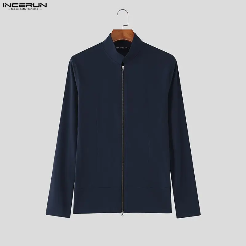 

Мужская рубашка INCERUN, однотонная, с воротником-стойкой, с длинным рукавом, повседневная, на молнии, уличная одежда, весна 2026, модные топы-рубашки