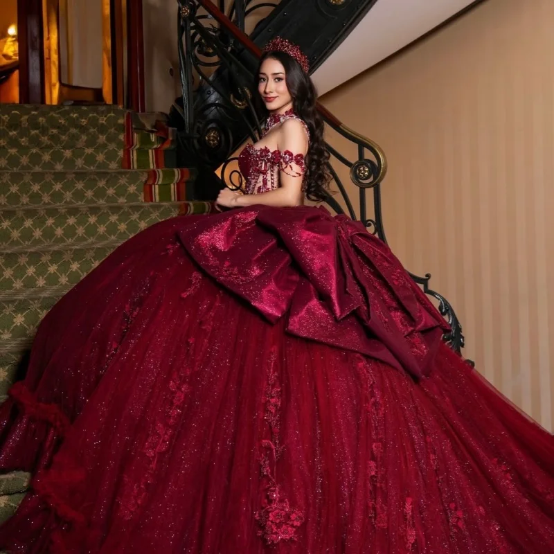 Wine Red Quinceanera Dress Crystal Glitter Flowers Decal Ruffles Long Tail Bow off-shoulder Vestidos De 15 Quinceanera ﻿Customiz