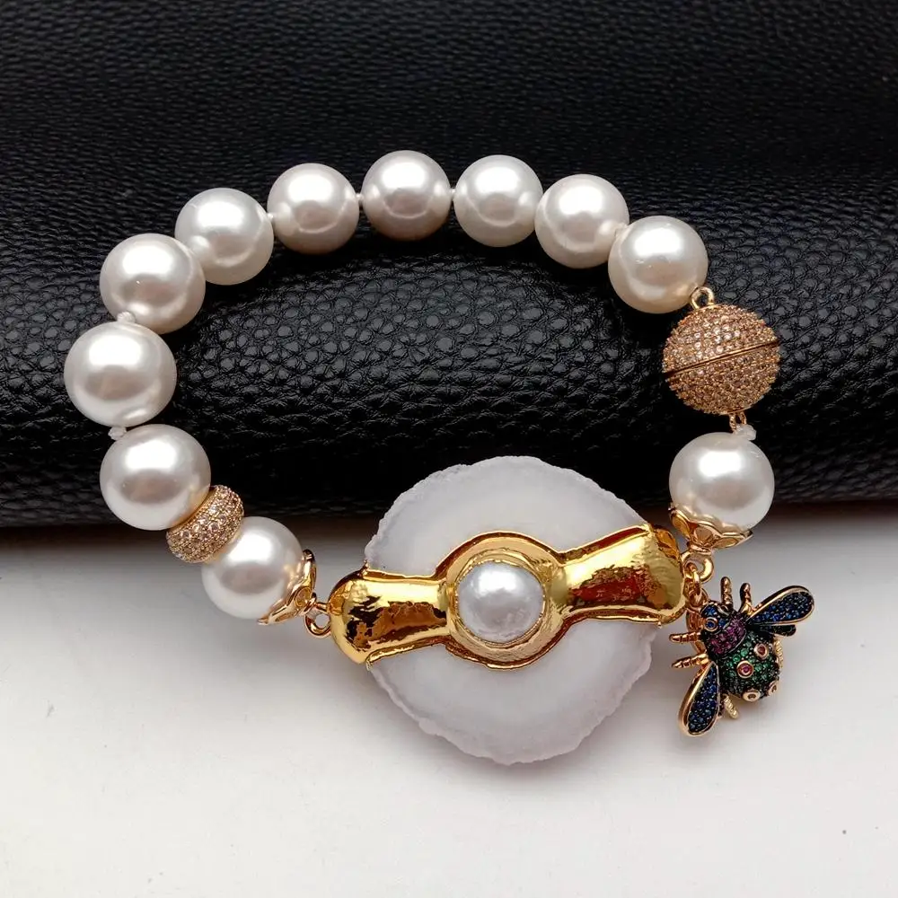 Y.YING White Sea Shell Pearl Bracelet Natural Quartz Slice Cz Pave Insect Charm Original Design Jewelry