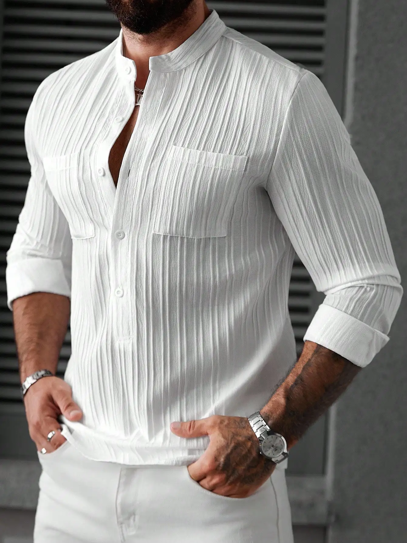 

Men's Textured White Long Sleeve Casual Shirt with Stand Collar and Chest Pockets