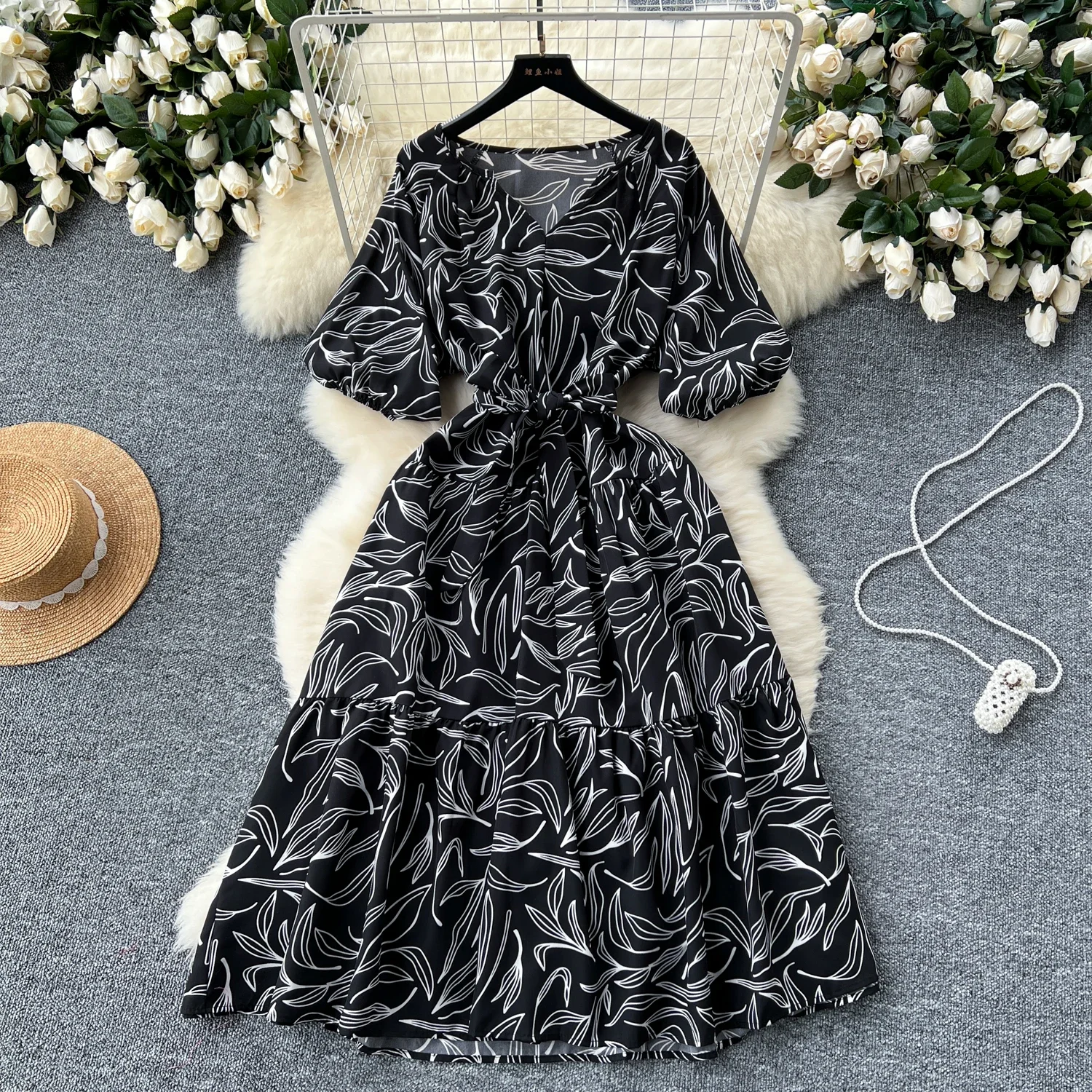 Summer Women Floral Printed Midi Dress Vintage V-Neck Short Sleeve High Waist A-Line Casual Vestidos Female 2023 New Fashion