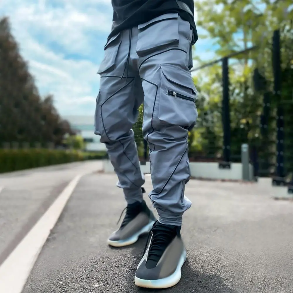 Trousers Multi-pocket Pants Reflective Patchwork Cargo Pants for Men with Ankle Bands Multi Pockets Loose Fit for Outdoor