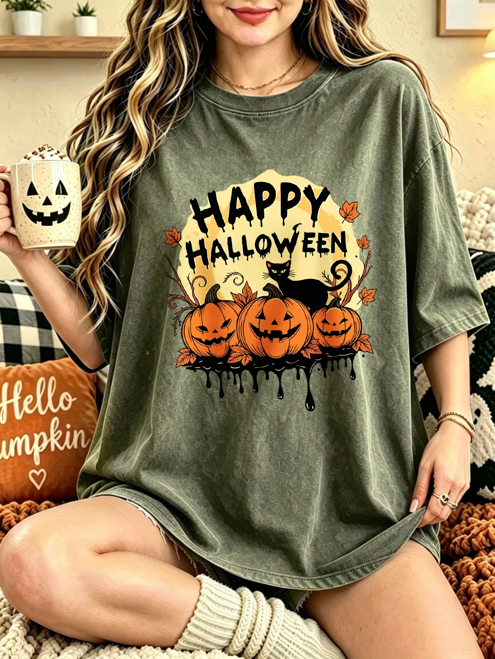 Happy Halloween Kürbisse bedruckte, gewaschene T-Shirts, Damen-Baumwoll-Tops mit kurzen Ärmeln, lässige Oversize-T-Shirts mit Rundhalsausschnitt, Sommerkleidung – Detail 18
