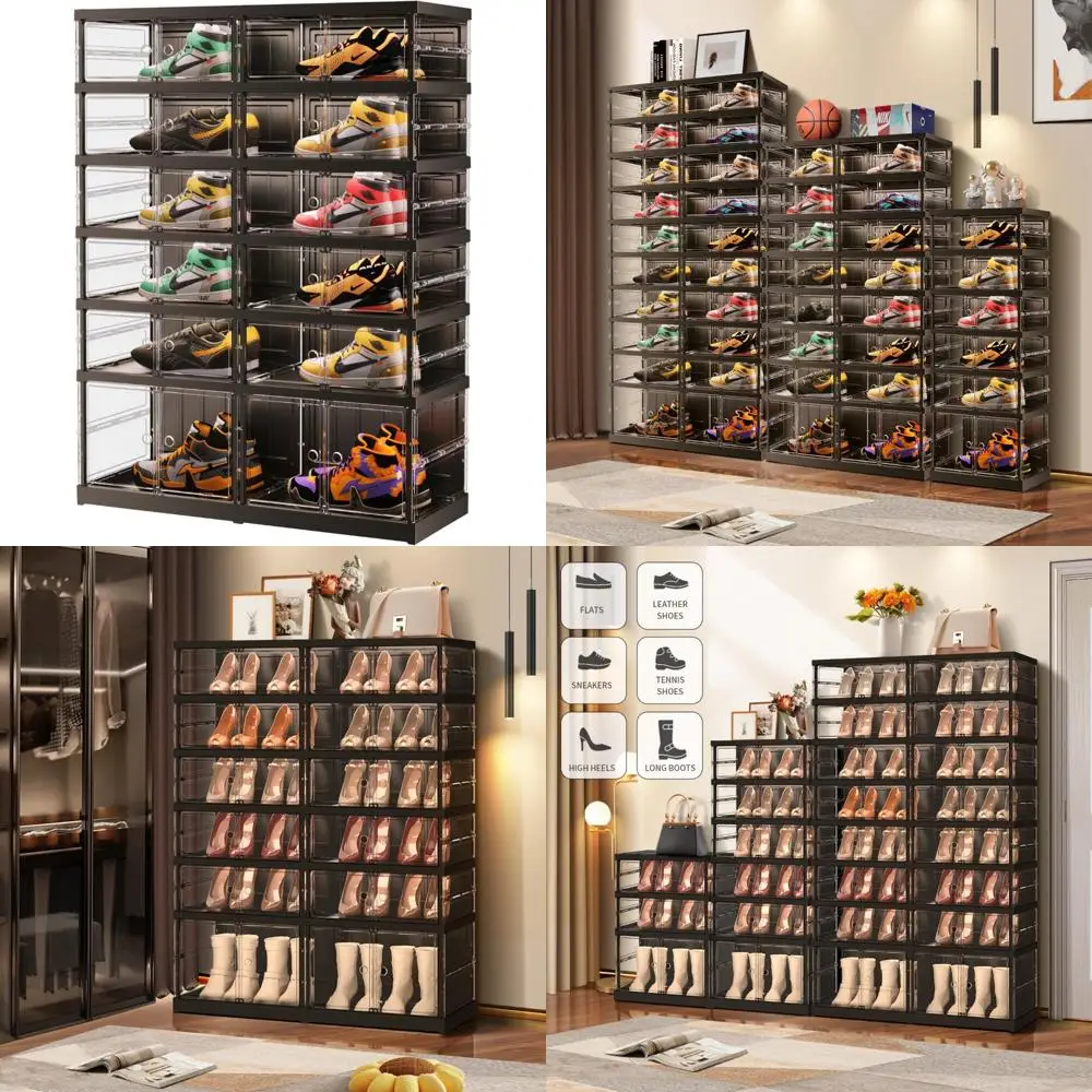 

6-Tier Stackable Plastic Shoe Organizer with Folding Doors for Closet and Garage Storage