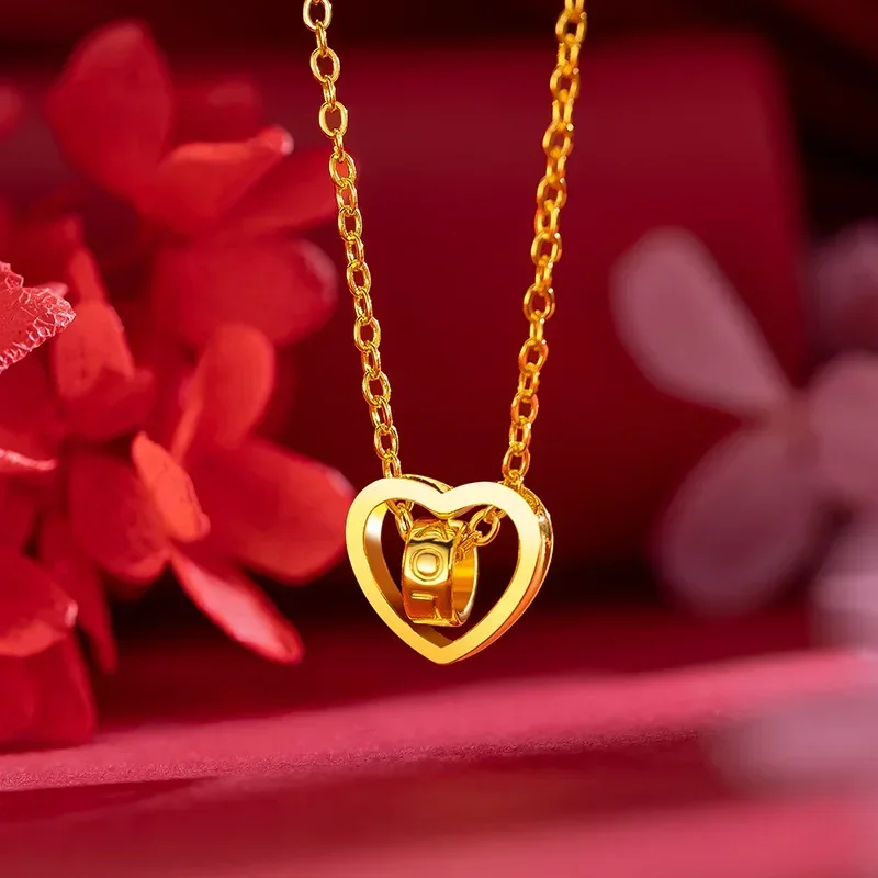 

9999 Real Gold 24K Korean version exquisite love collarbone necklace rotatable love heart necklace women's wedding jewelry