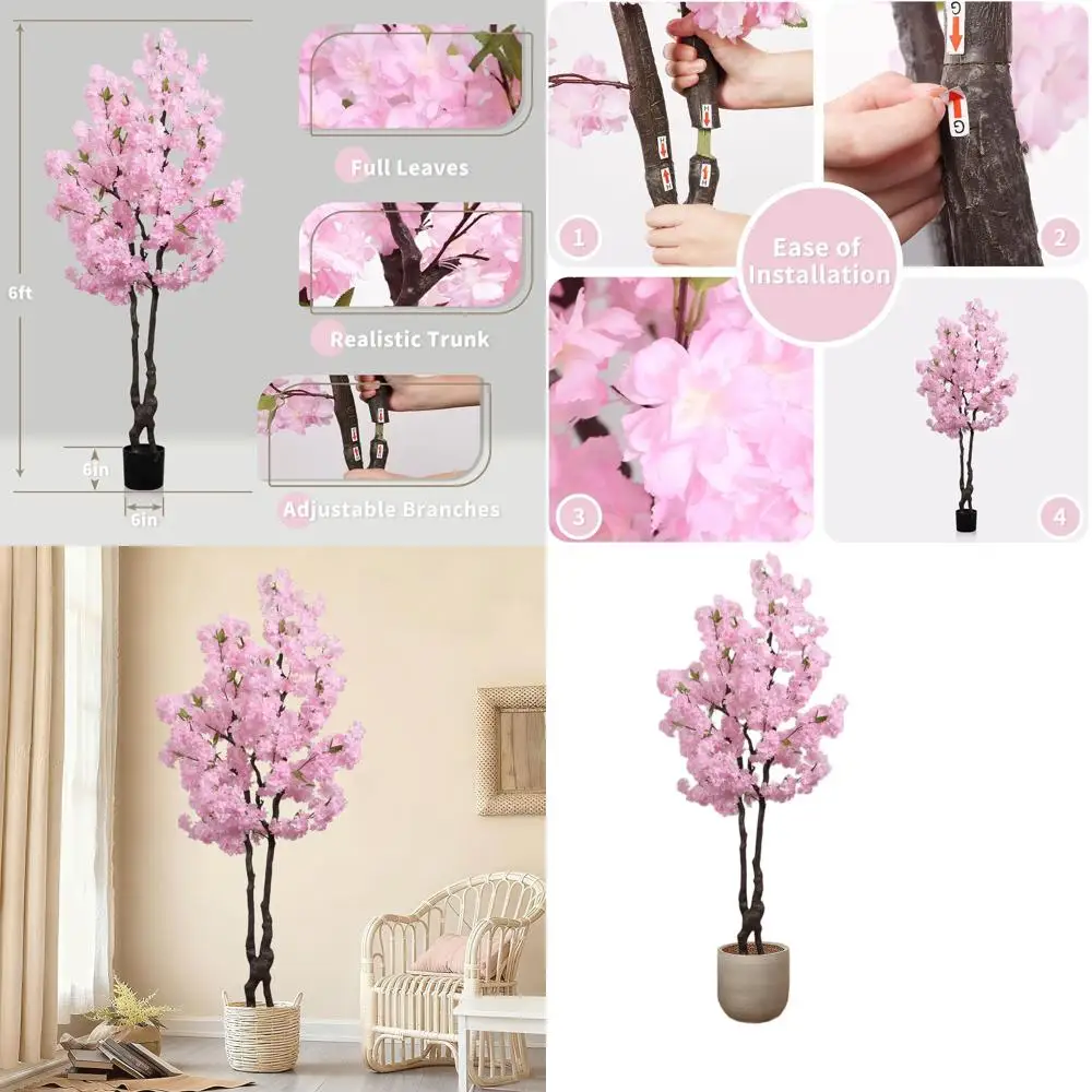 Árbol Artificial de Flores de Cerezo Japonés de 1.8 m de Altura en Maceta, Planta de Sakura Rosa Realista para Decoración del Hogar, Perfecto para Navidad, Nuevo
