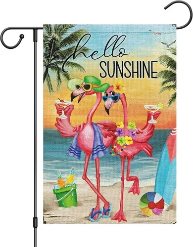 Hello Sunshine Summer Garden Flag Beach Flamingo Couple Welcome, 12x18 Inch RRI